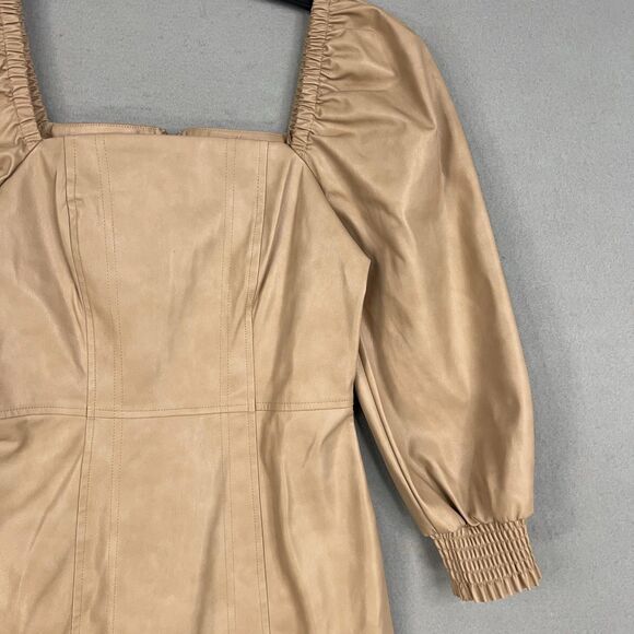 7 For All Mankind Dress Womens XS Tan Faux Leather Square Neck Puff Sleeve Mini - Picture 3 of 14